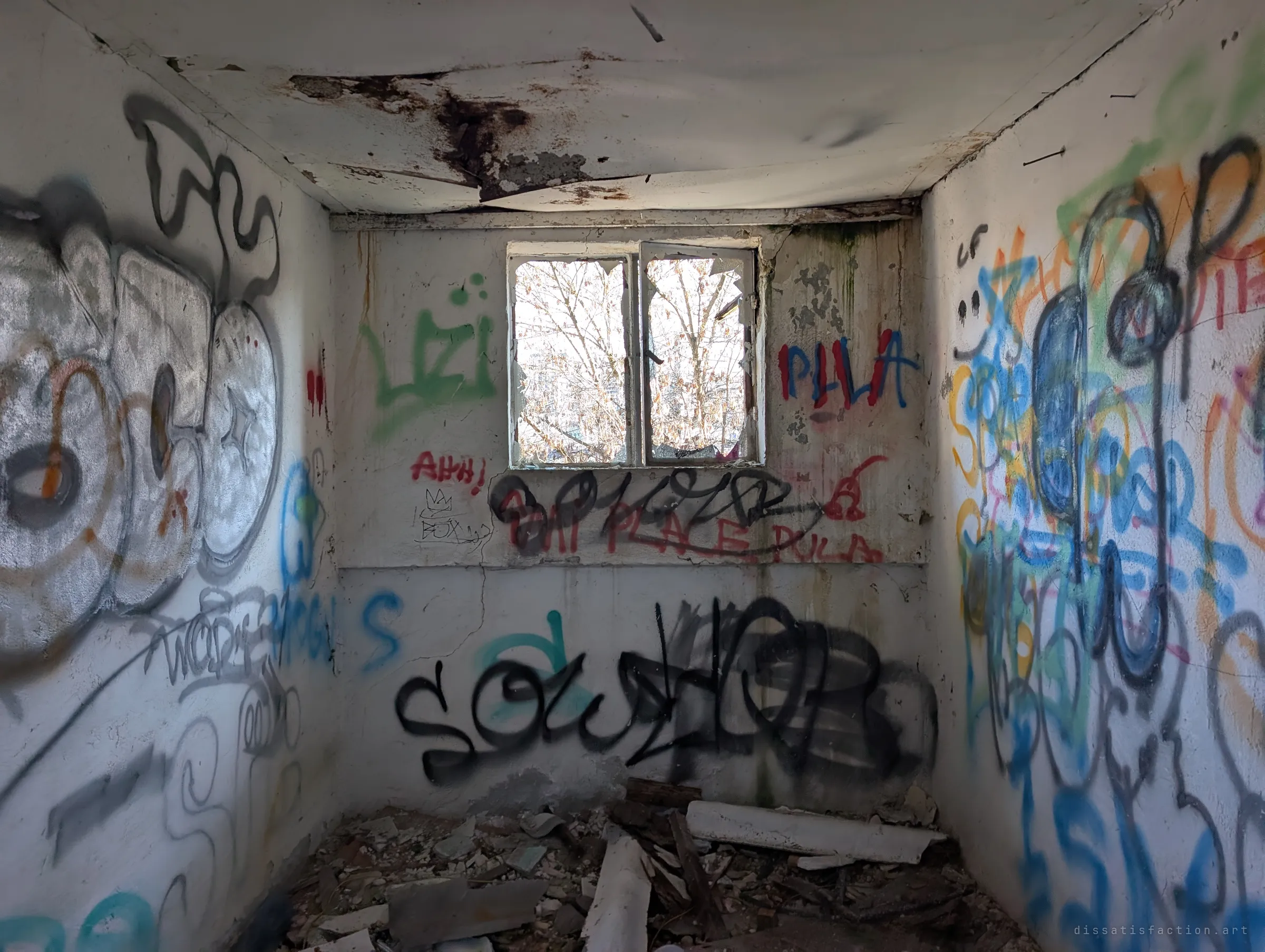 A cramped room with a sagging, water-stained ceiling frames a broken window full of bare branches, every wall below it tagged in layers of spray paint. Shattered panes and rubble lie on the floor.