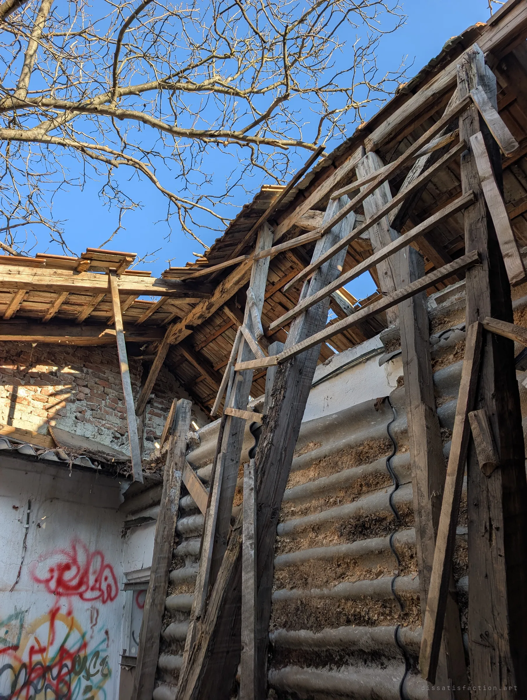 Collapsed rafters and leaning planks rise against a clear blue winter sky, with a bare tree reaching over the broken roofline. The structure is so open here that it barely counts as indoors.