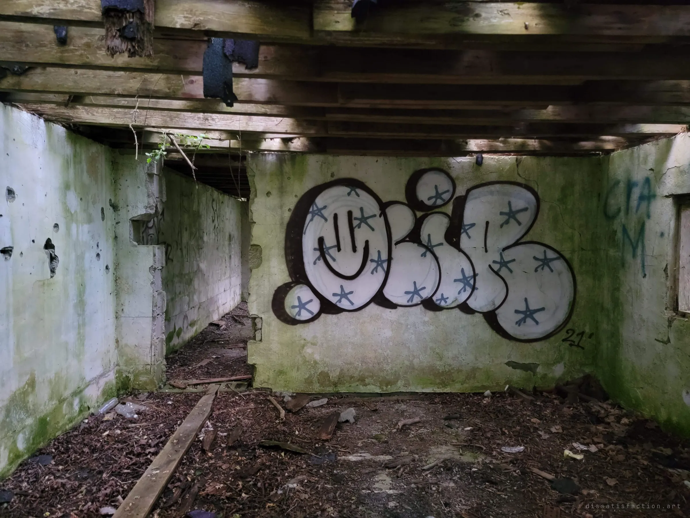 A white bubble-letter graffiti piece dotted with blue stars and a smiley face fills a moss-green wall beneath heavy timber joists. The most colourful corner of the ruin.