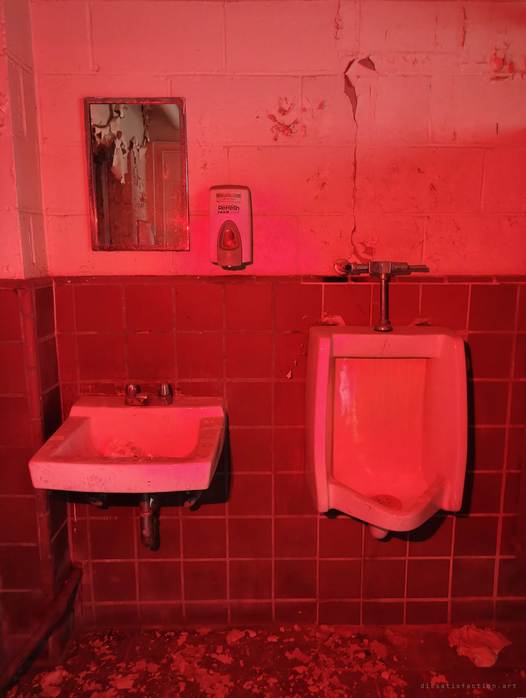A washroom lit deep red: a small sink, a urinal, a soap dispenser and a mirror reflecting peeling walls. The coloured light turns a plain corner eerie.