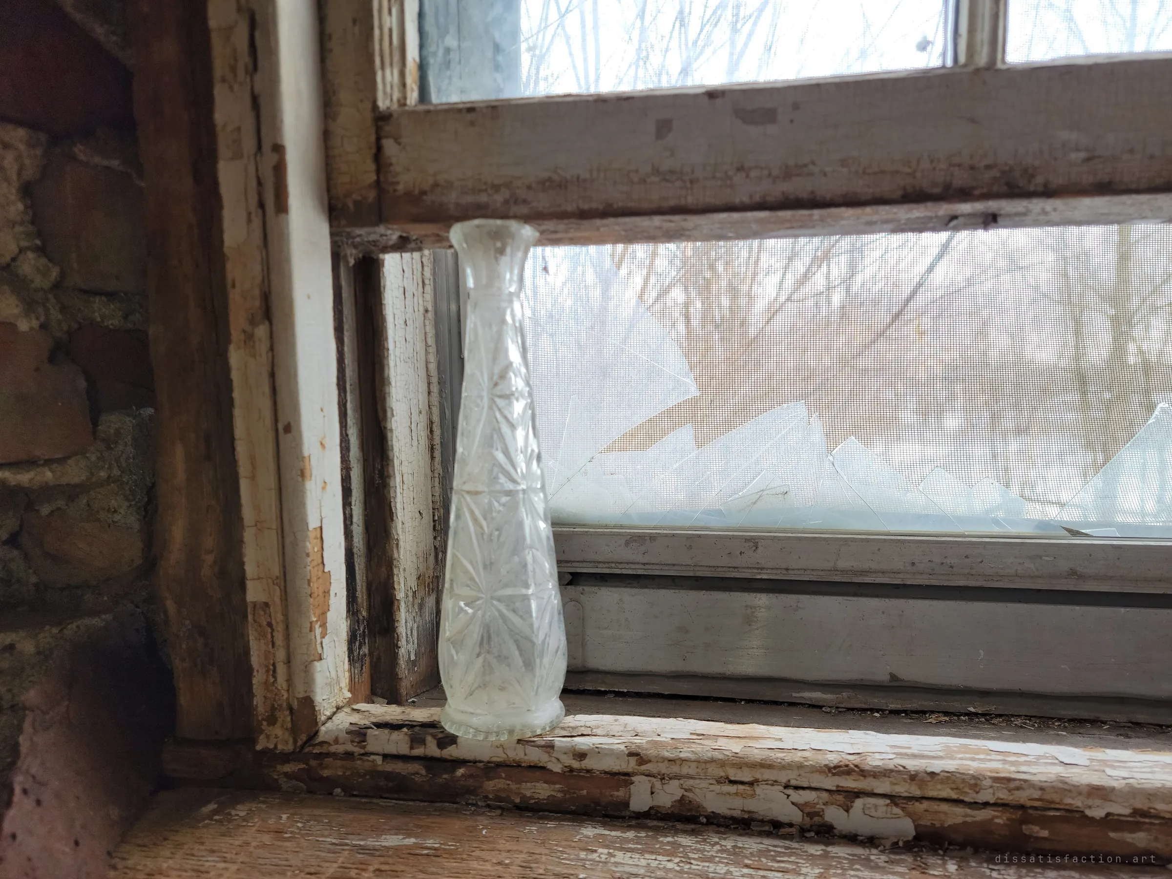 A cut-glass vase left on a peeling windowsill in front of a shattered pane and torn screen. A small, delicate thing that outlasted the people who lived here.