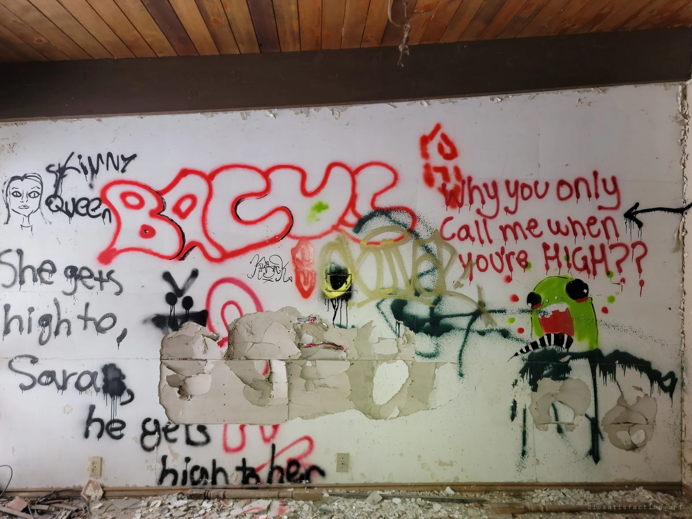 A long white wall under a wood-panelled ceiling is covered in red and black graffiti, lyrics and a green cartoon creature, with plaster smashed out through the middle. The room's walls have become a message board.