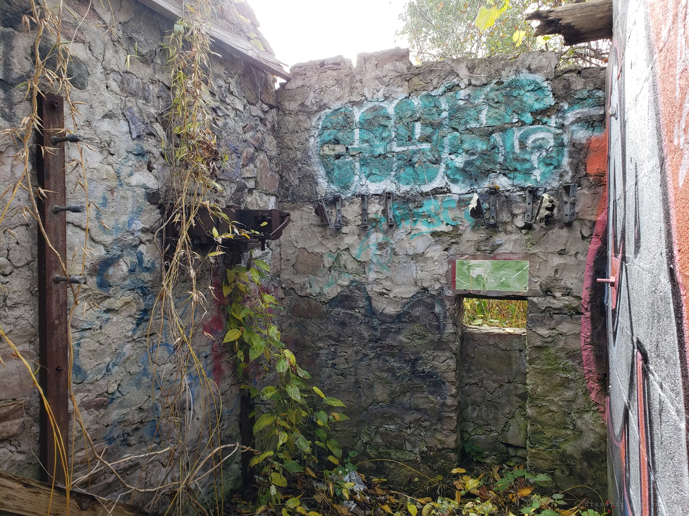 Inside the roofless shell, crumbling stucco walls carry graffiti, a row of rusted brackets and a painted-over green panel above a small opening. Vines climb up a steel post where equipment once hung.