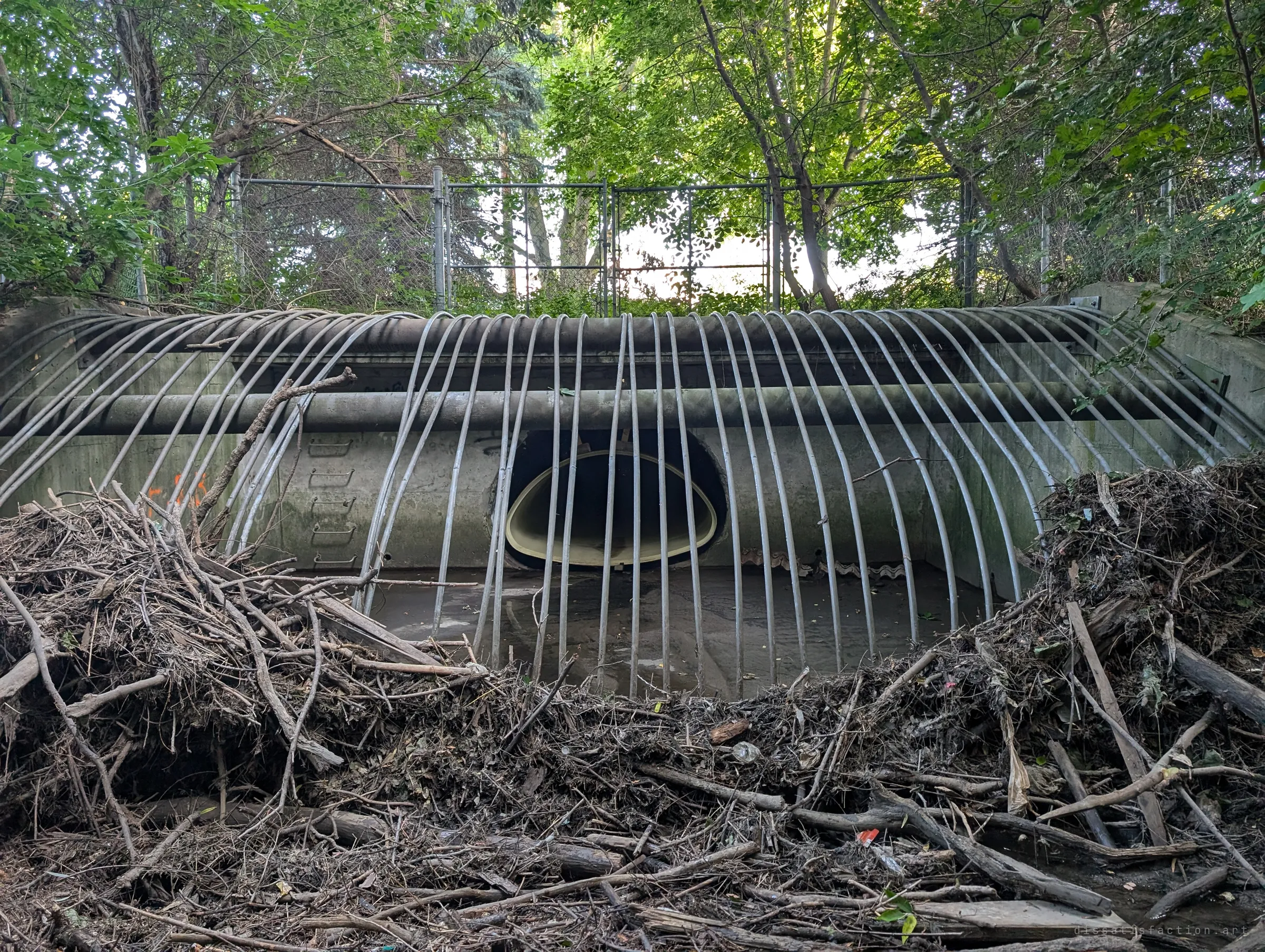A concrete drain inlet behind a curved cage of steel bars, choked with storm debris and fallen branches. Inside, a pale fibreglass liner pipe has been slid into the old culvert mouth.