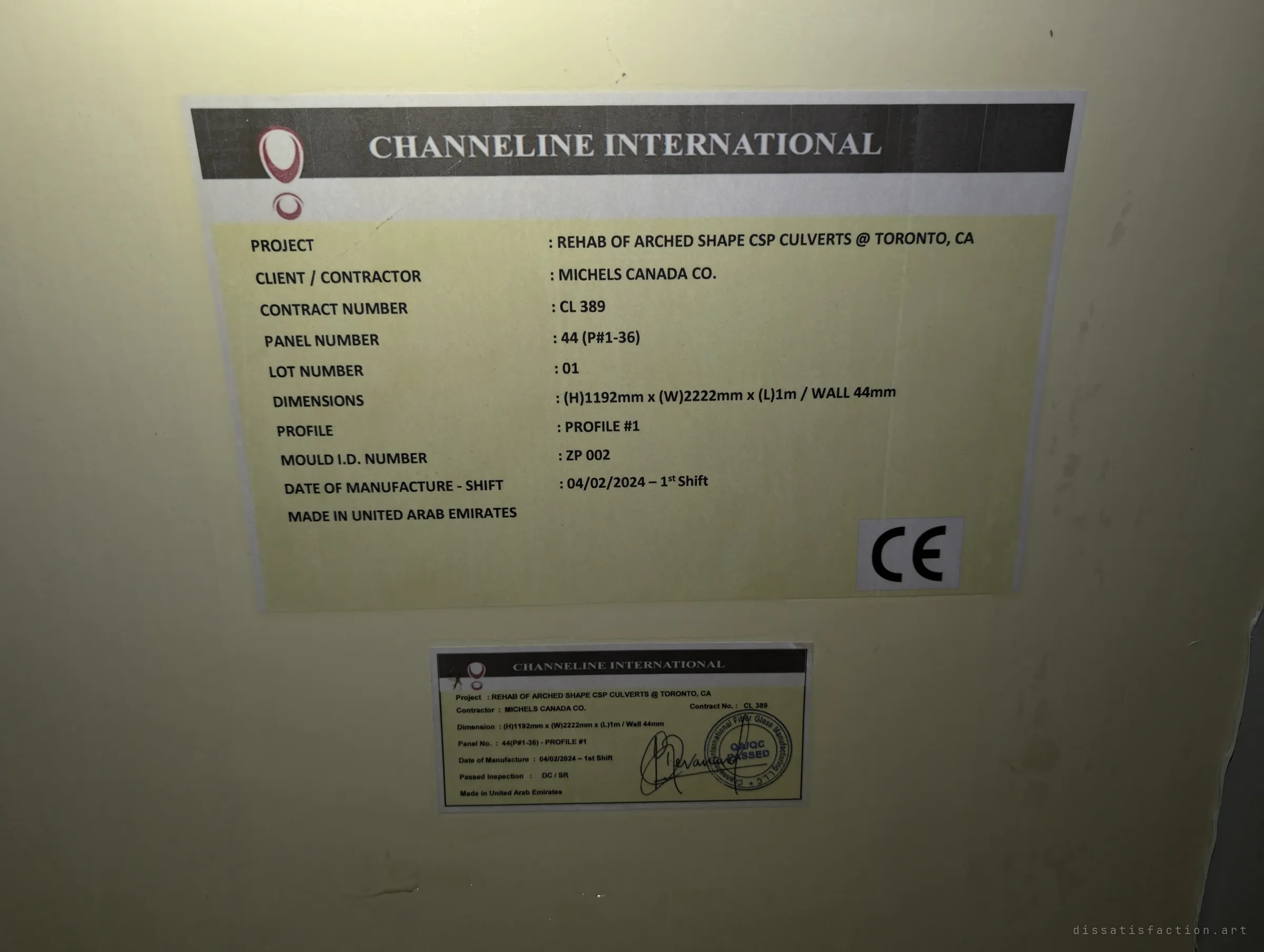 A manufacturer's label stuck to a new liner panel, listing panel dimensions, profile and manufacture details for the relining job.