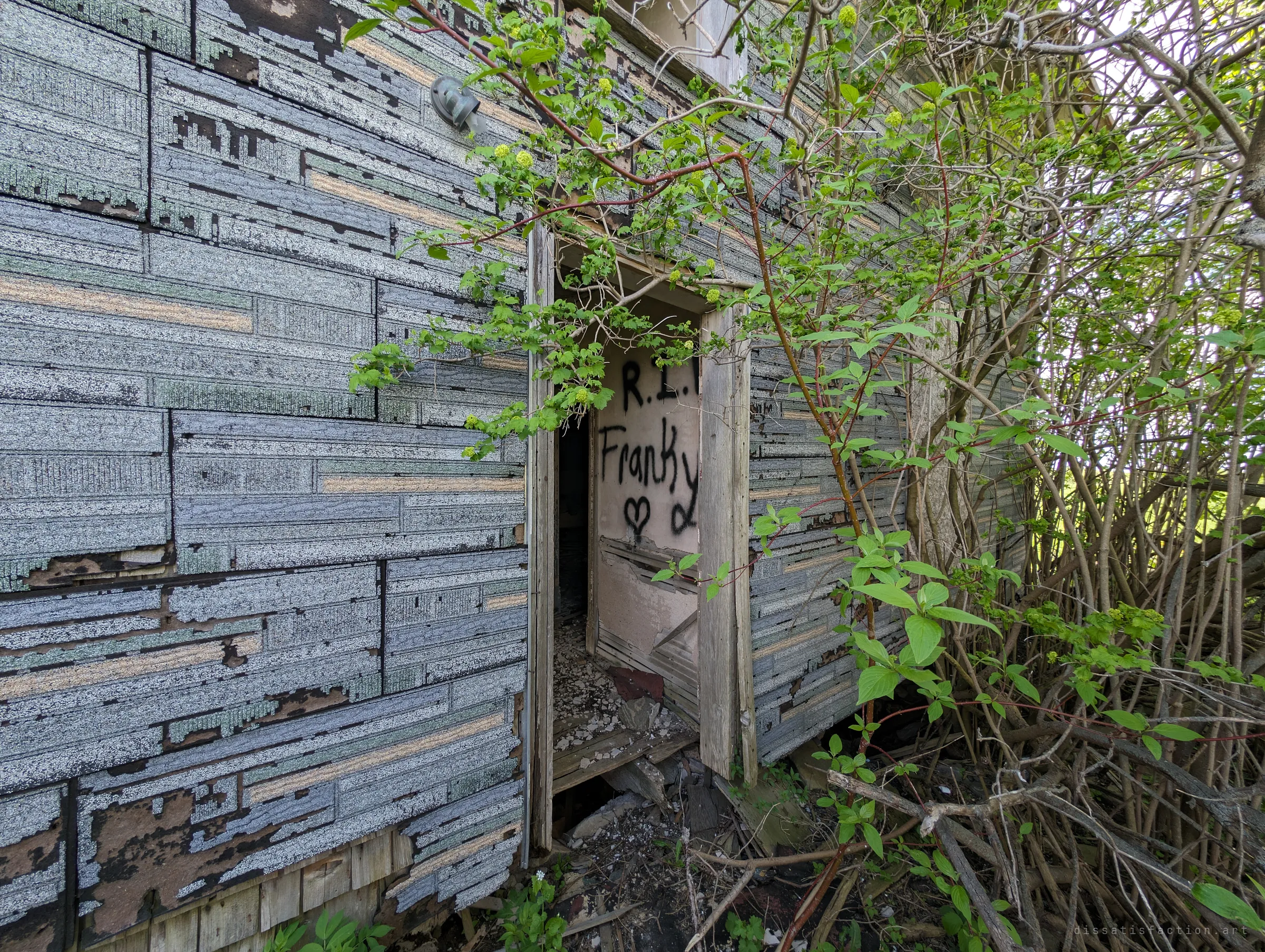 A doorway in the flaking insulbrick wall, nearly hidden by shrubs, opens onto a room where a memorial tag is spray-painted with a heart. The way in is tight and overgrown, and the graffiti hints at who came before.
