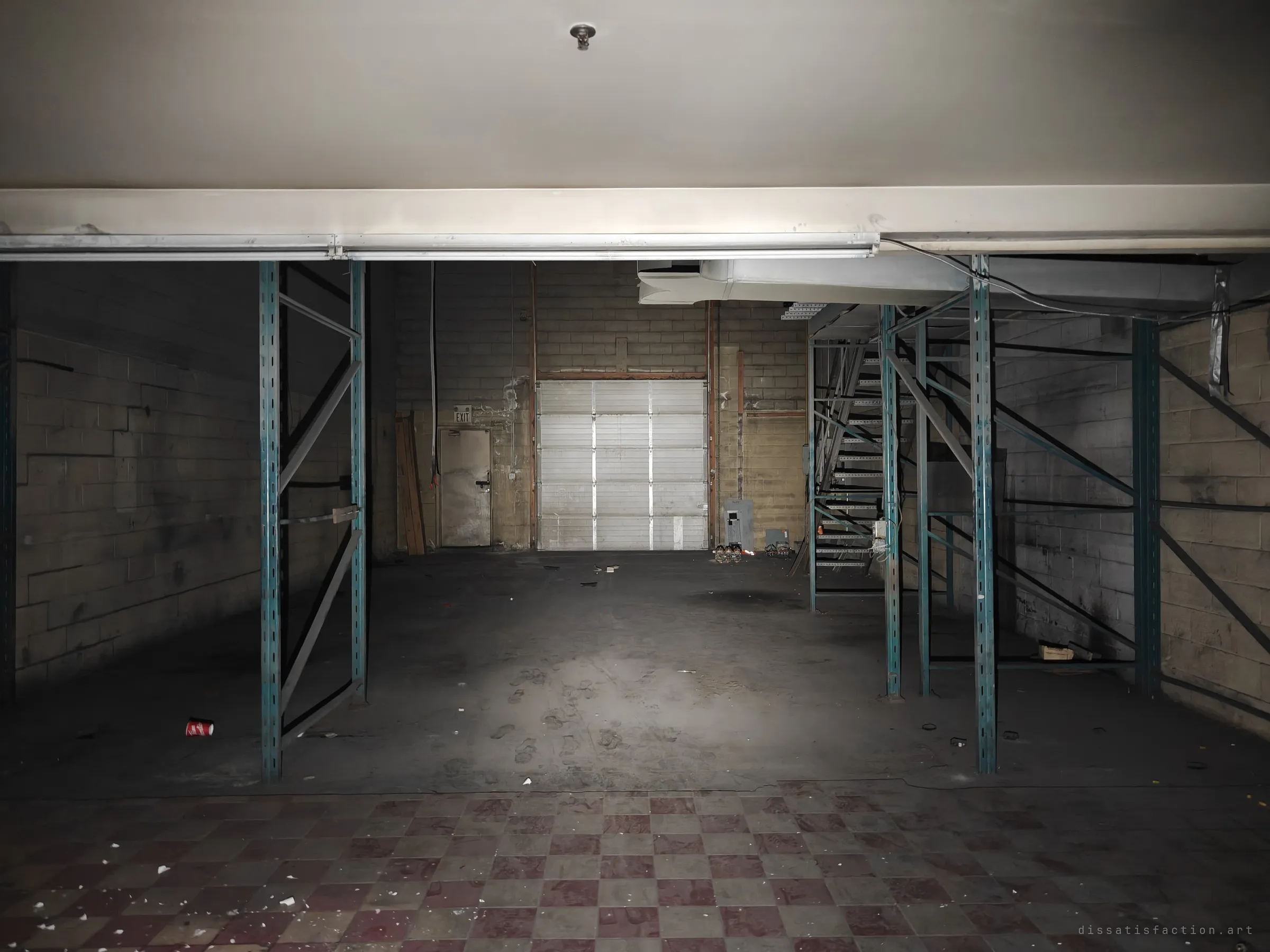 Teal pallet racking frames a bare stockroom with a roll-up door and an exit door at the back, a steel stair climbing to one side. Checkered tile gives way to bare concrete at the threshold.