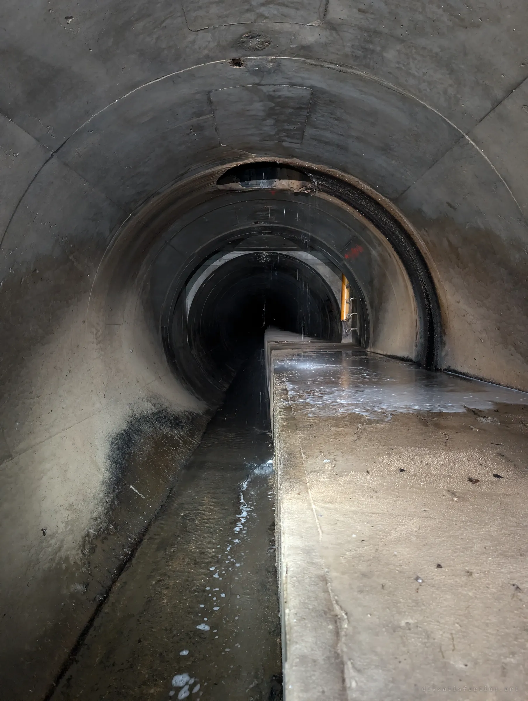 A round concrete pipe stretches into darkness, split by a raised ledge beside a low-flow channel carrying foamy water. Drips fall from a joint in the ceiling where a smaller pipe enters.