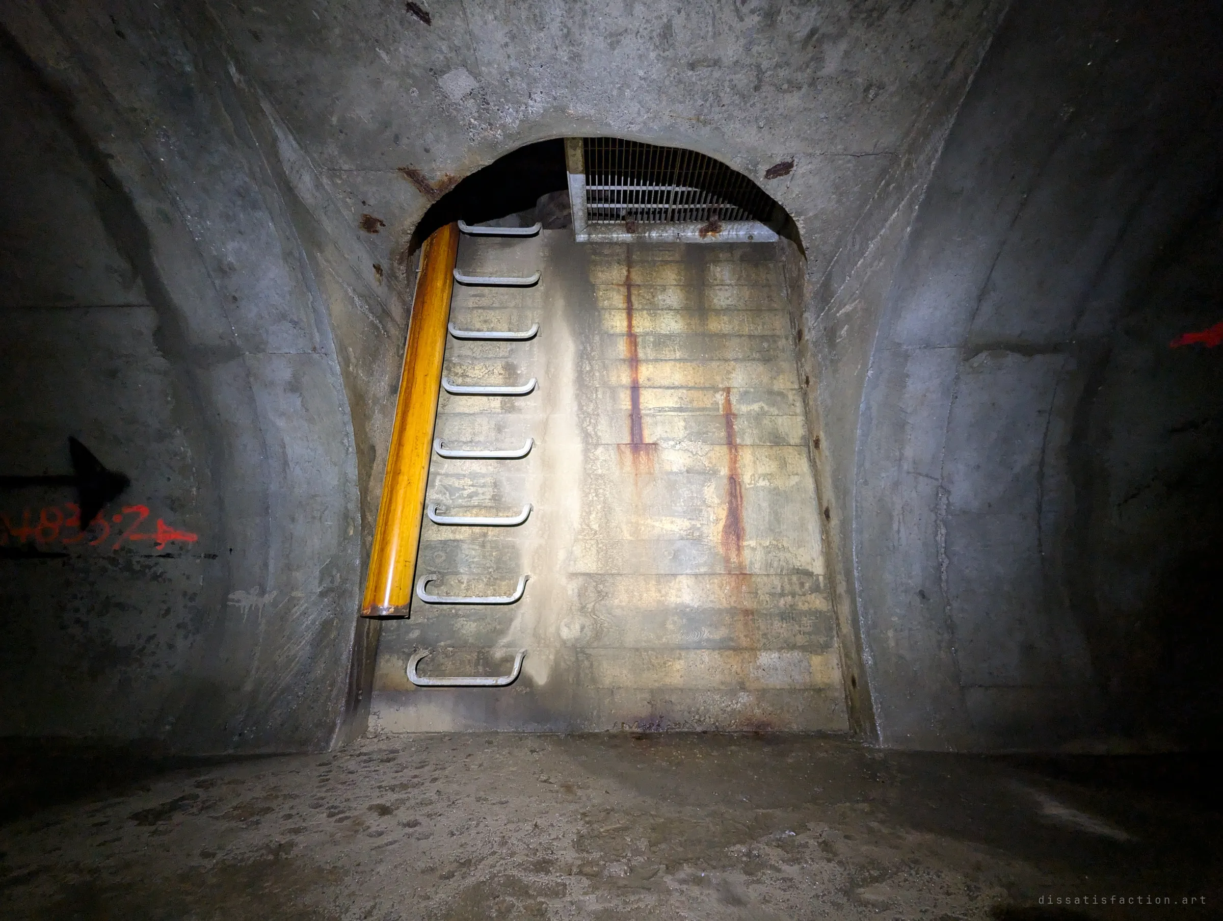 An arched opening in a concrete tunnel reveals a stained shaft wall with step irons and a yellow grab pole leading up to a grated landing. Survey paint marks the wall on either side.
