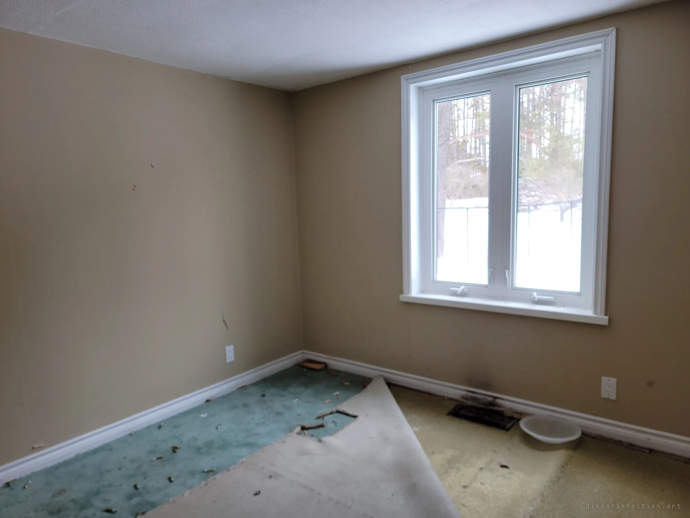 An empty beige bedroom with carpet torn up in layers and a window onto snowy pine woods. The bare room shows how completely the house was stripped.