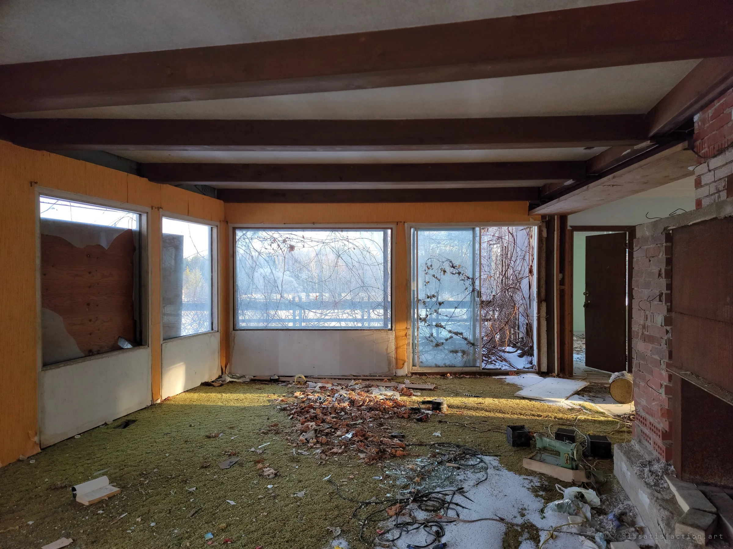 A living room with exposed beams, orange walls and a green shag carpet strewn with leaves, wires and a sewing machine, vines pushing in through the glass door. Nature is moving into the house.