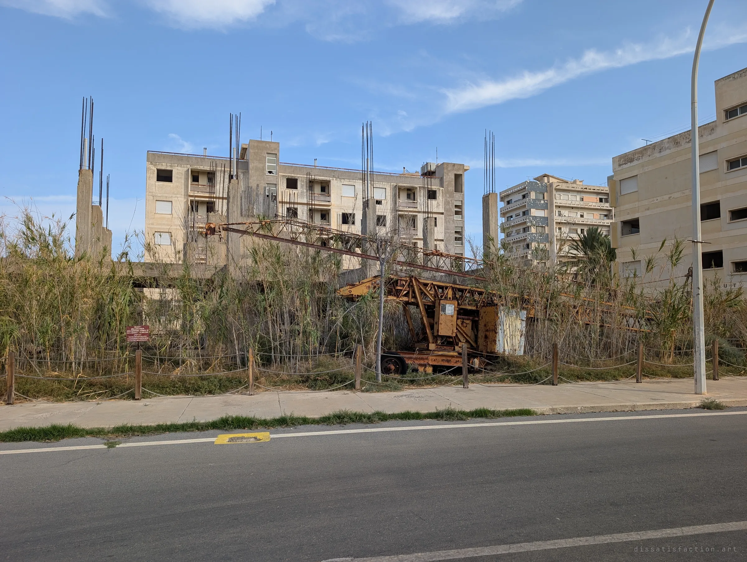 A rusted construction crane lies abandoned in tall reeds in front of an unfinished concrete frame, rebar still sprouting from its columns. Work here stopped mid-build and never restarted.