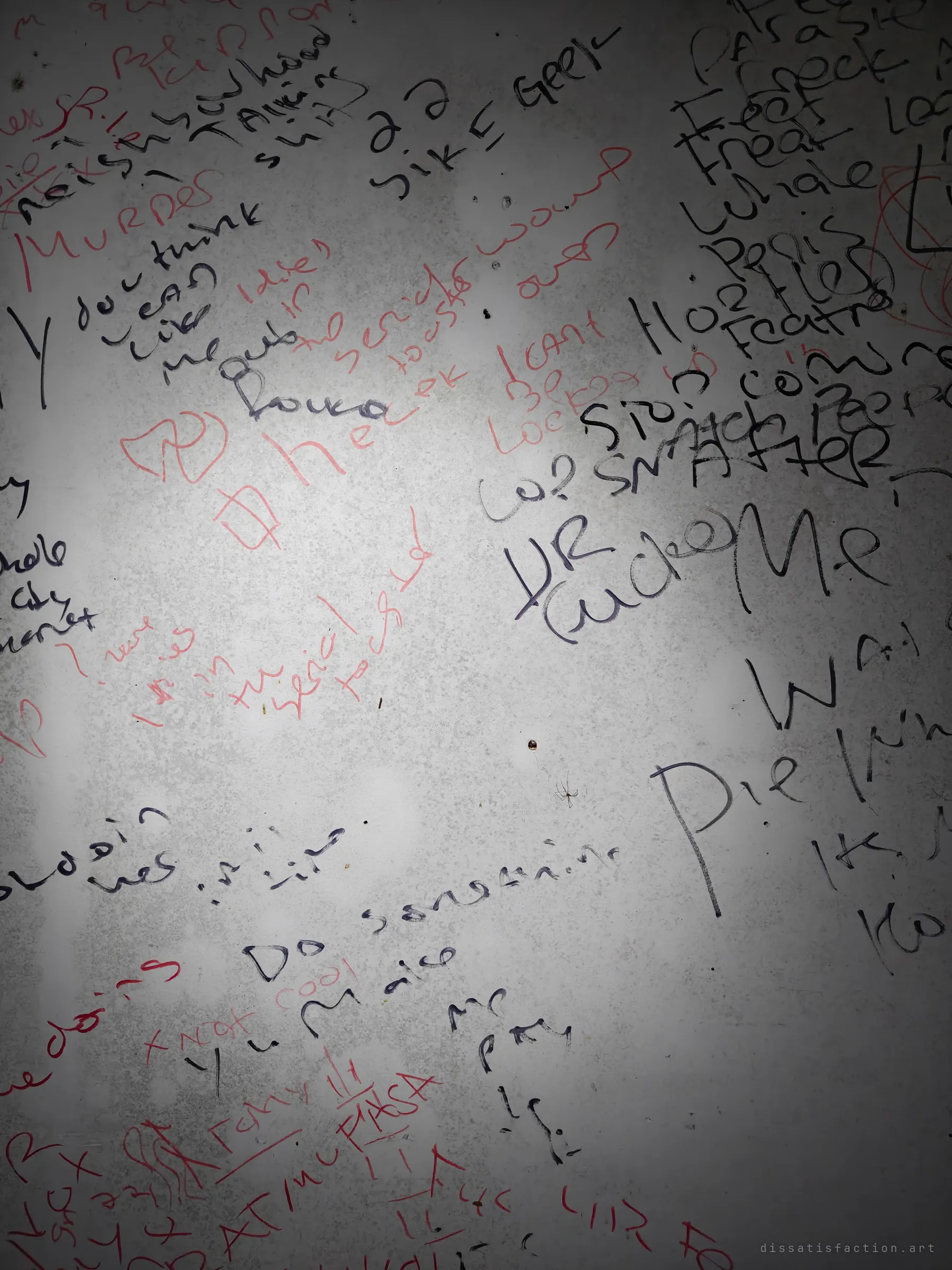 A wall densely covered in black and red marker scrawl, layered messages left by past visitors. The overlapping handwriting turns the wall into a record of everyone who came through.