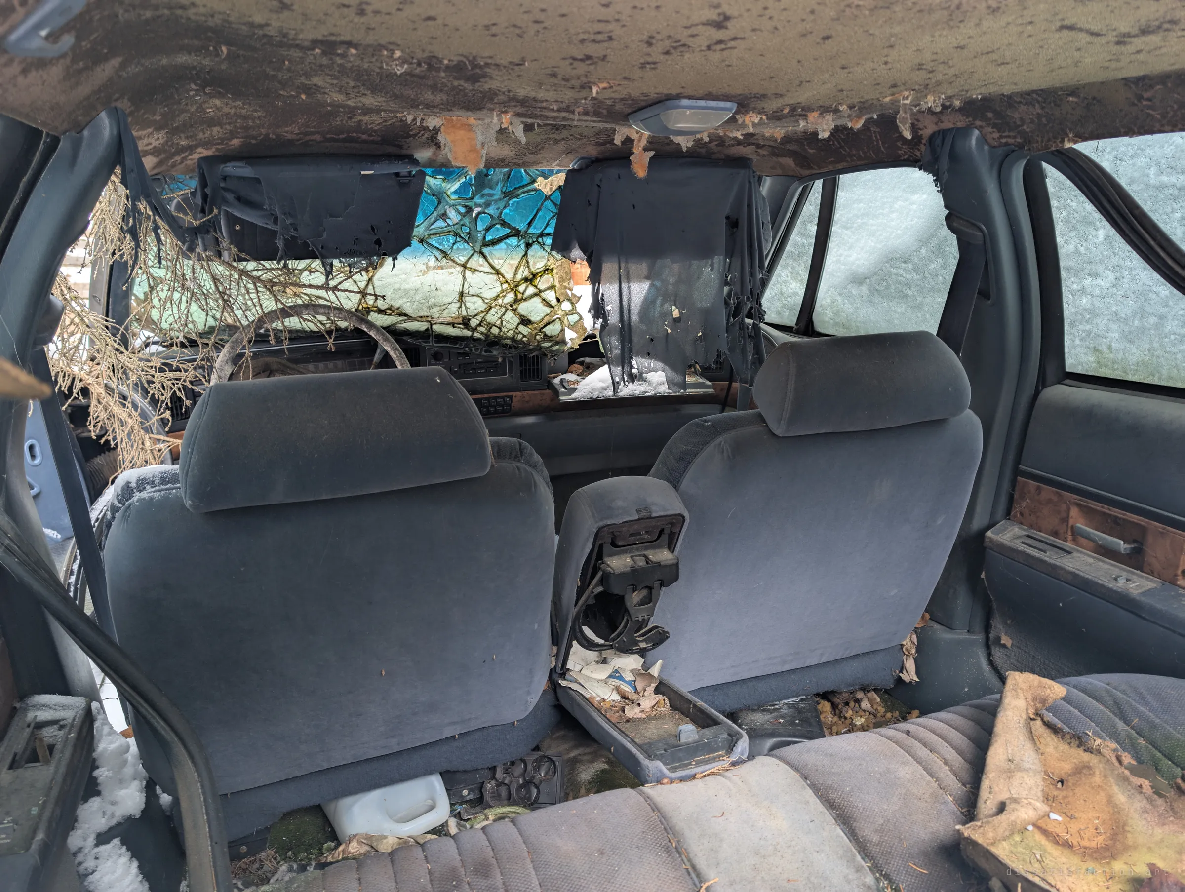 The back seat view of an abandoned sedan: shredded headliner, sagging sun visors and a cracked windshield webbed with dead branches. Snow has drifted in through the open doors.