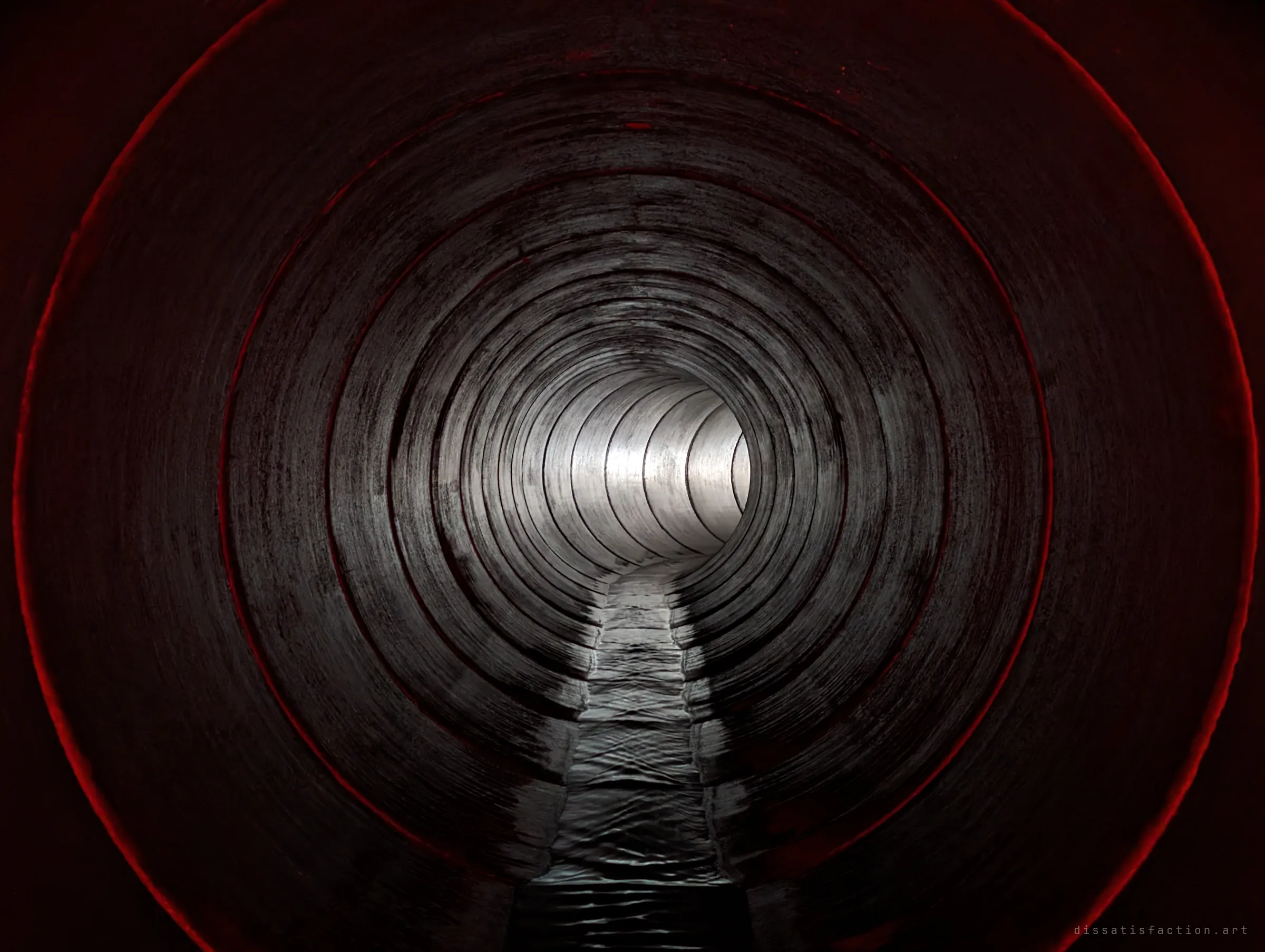 The same kind of ringed concrete pipe lit deep red at the edges, fading to a pale glow at the far end. A moodier, lit take on the long straight run.