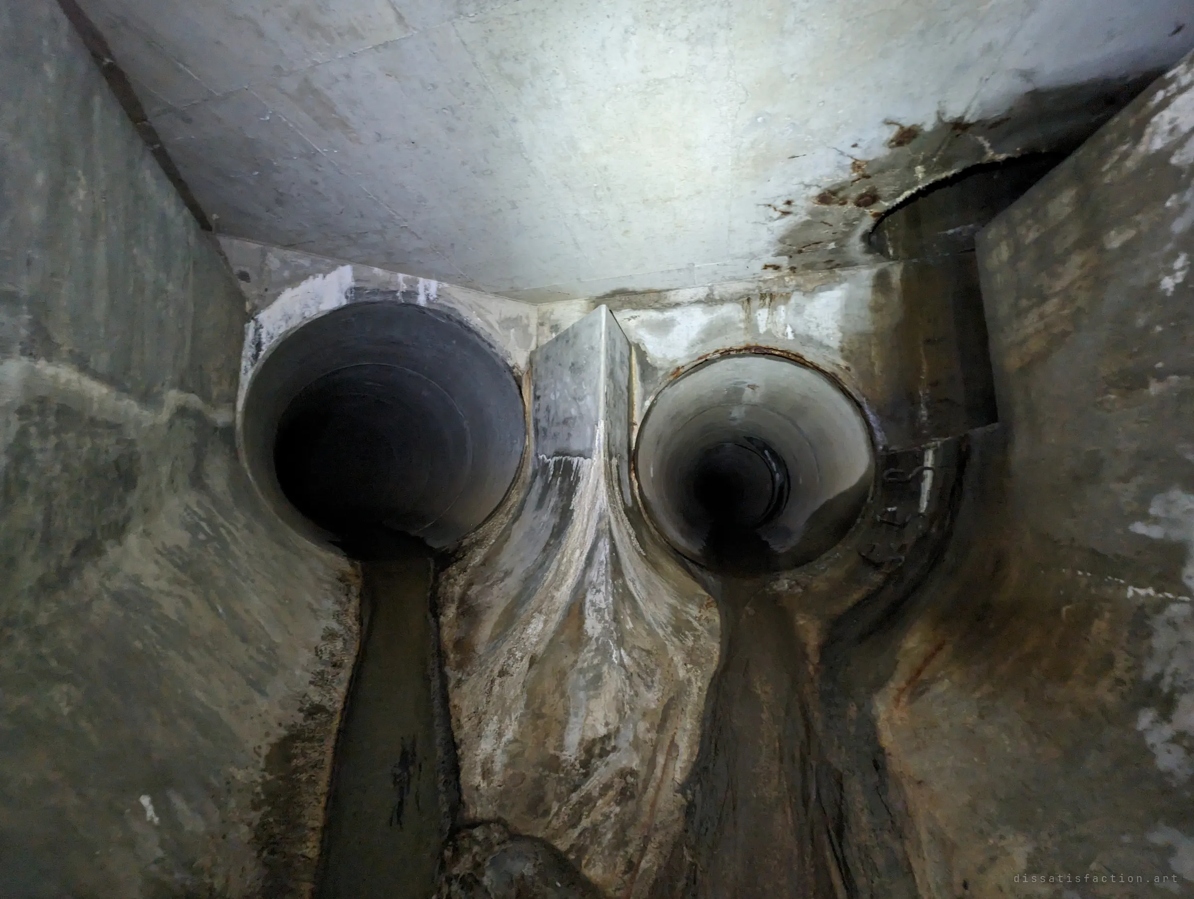 Two round outfall pipes of different sizes open side by side into a concrete chamber, their flow channels merging below like a pair of staring eyes. The junction shows how the drain network gathers several inflows into one.