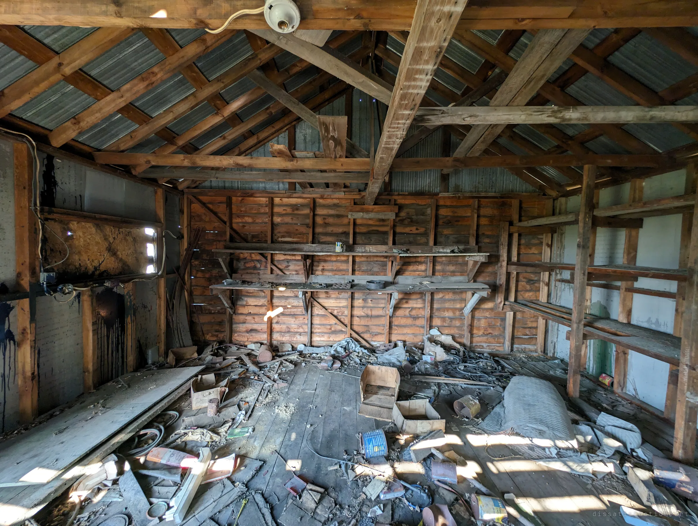 Inside a timber workshop, sunlight slips through gaps in the corrugated roof onto empty shelves, cardboard boxes, coiled wire and scattered cans. Dark drips stain the side wall.