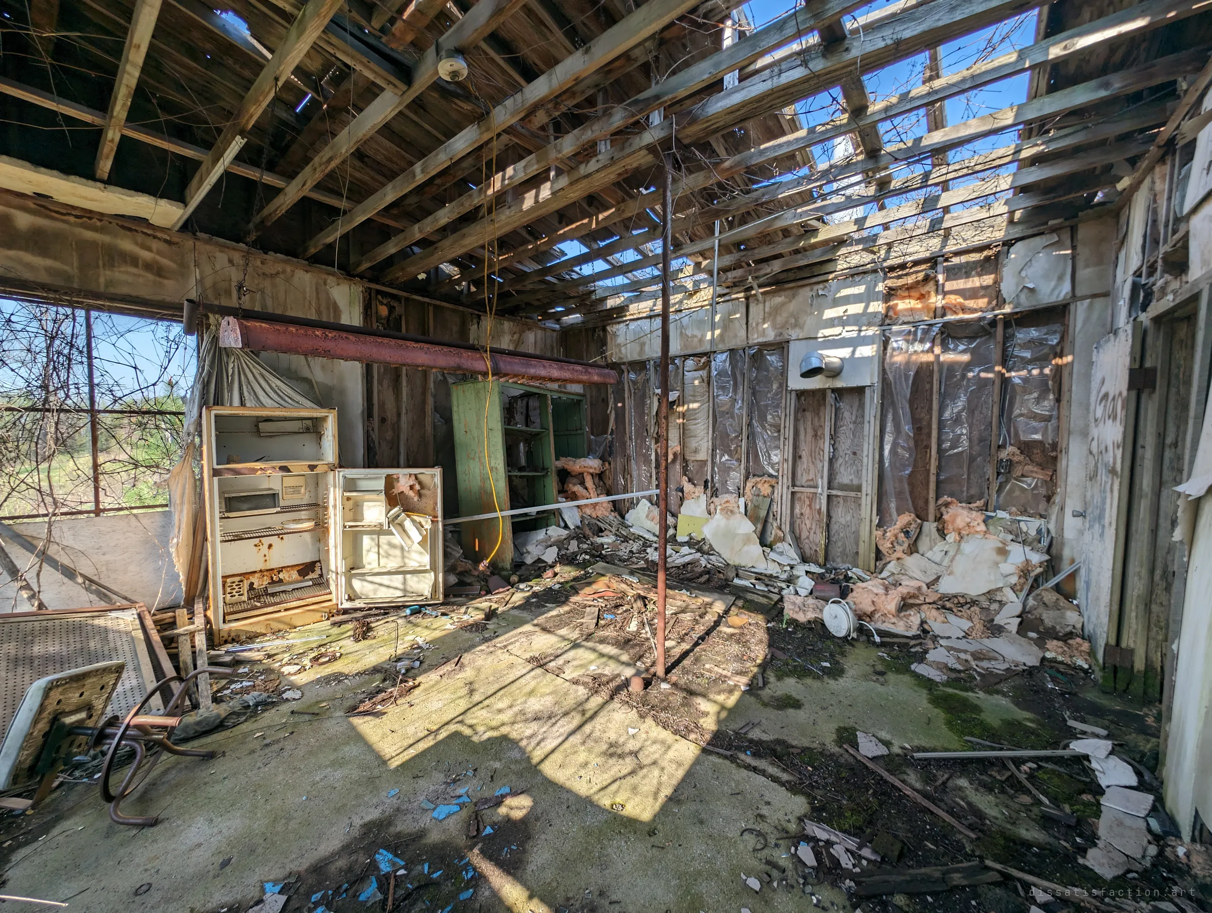 The same room seen wider: bare rafters open to blue sky, a lone rusted pole in the middle and moss creeping over the concrete floor. The old fridge and green cupboard sit against the far wall as the building gives way to weather.