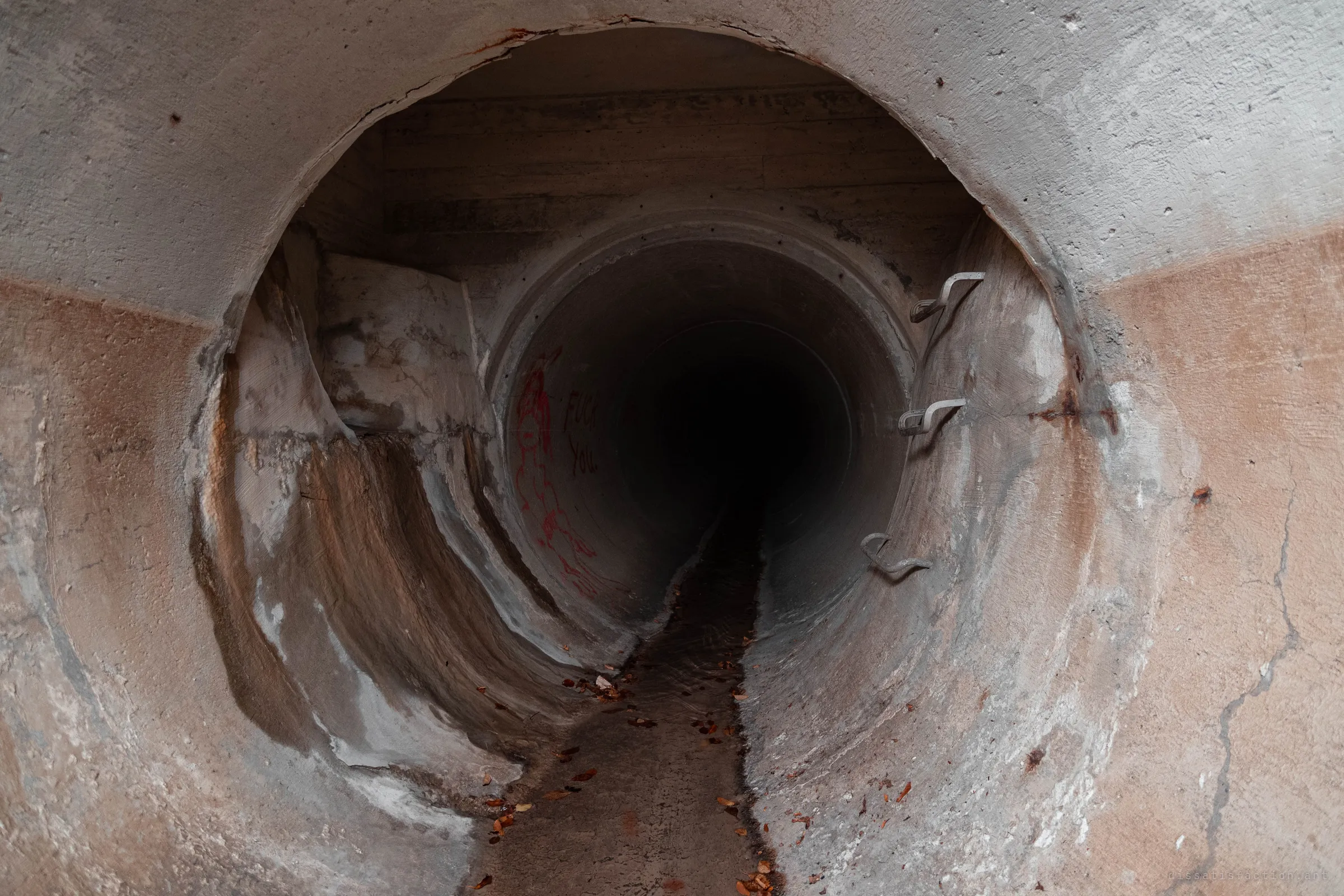 Looking into a large concrete culvert mouth with a rust-stained lip, metal step rungs along the right wall and a narrow low-flow channel carrying leaves toward the dark.