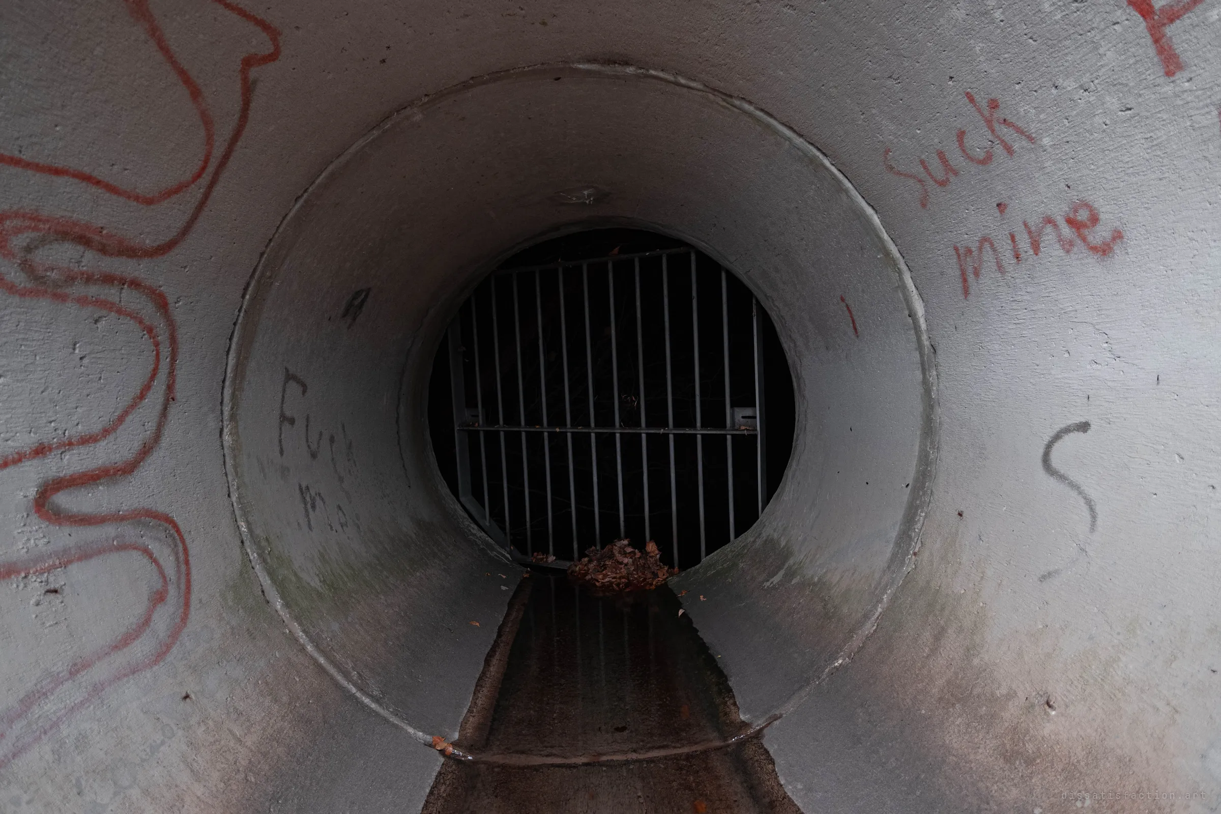 A round concrete outfall pipe covered in red and black graffiti, ending at a steel bar grate with a pile of dead leaves at the foot of a wet channel.